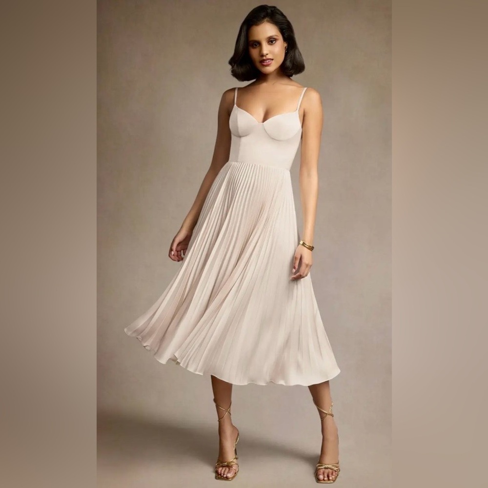 Azazie Atelier Emma Stretch Satin Pleated Midi Dress Corset Boning Cream 10